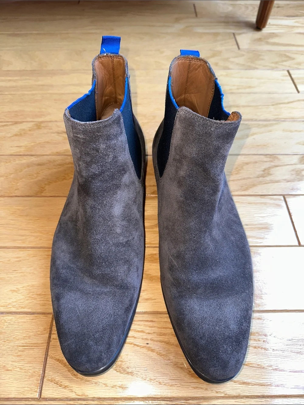 Men's Gray Suede Chelsea Boots with Blue Accent Pull Tabs